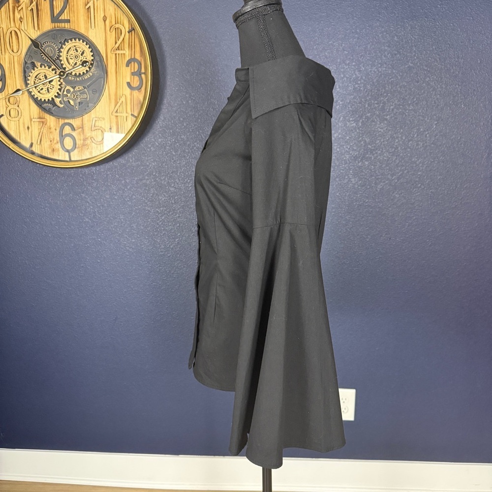 Aqua NWT Sculptural Bell Sleeve Off Shoulder Black Button Down Blouse | Small - Picture 2 of 9